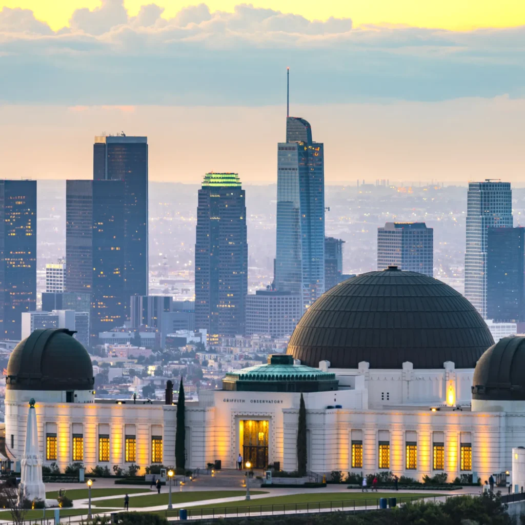 Griffith Observatory along the Los Angeles skyline photo from Getty Images