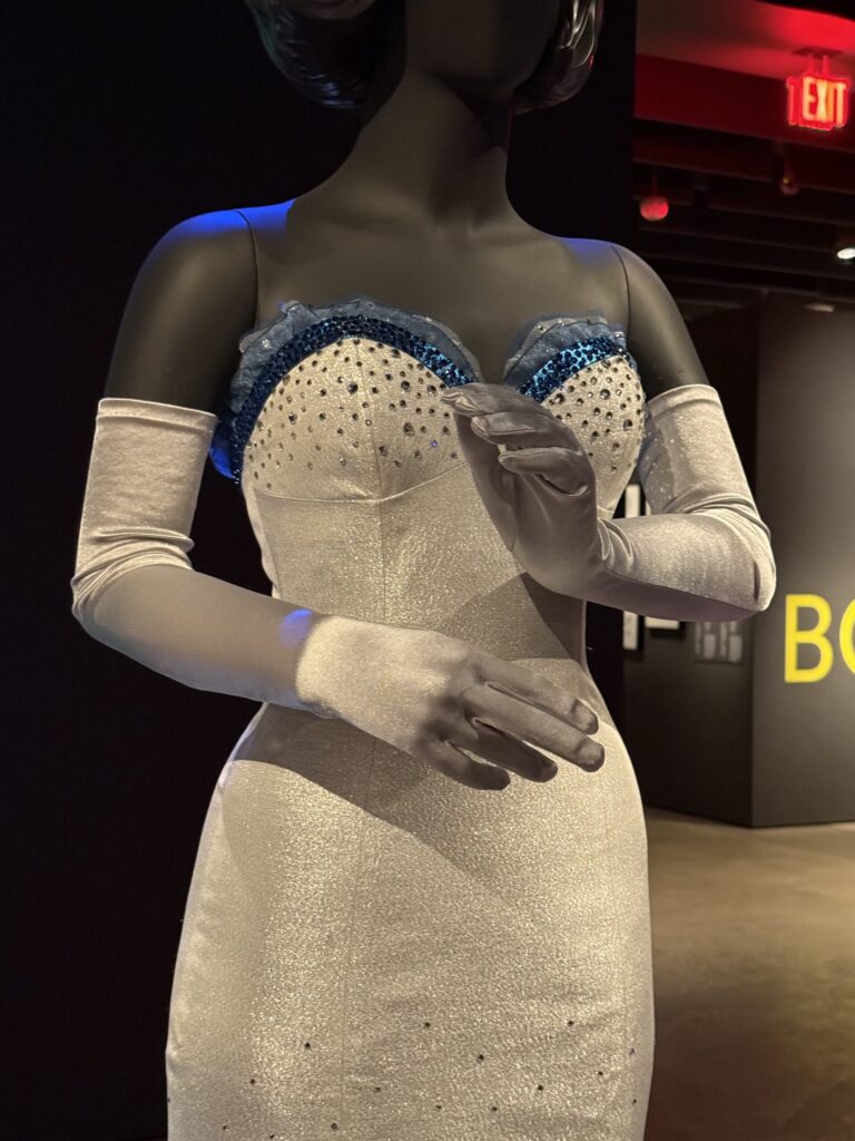 Dreamgirls costume as worn by Beyoncé Knowles as Deena Jones. Costume design by Sharen Davis and photographed in the Academy Museum of Motion Pictures by Regina Luz Jordan for Hollywoodland News