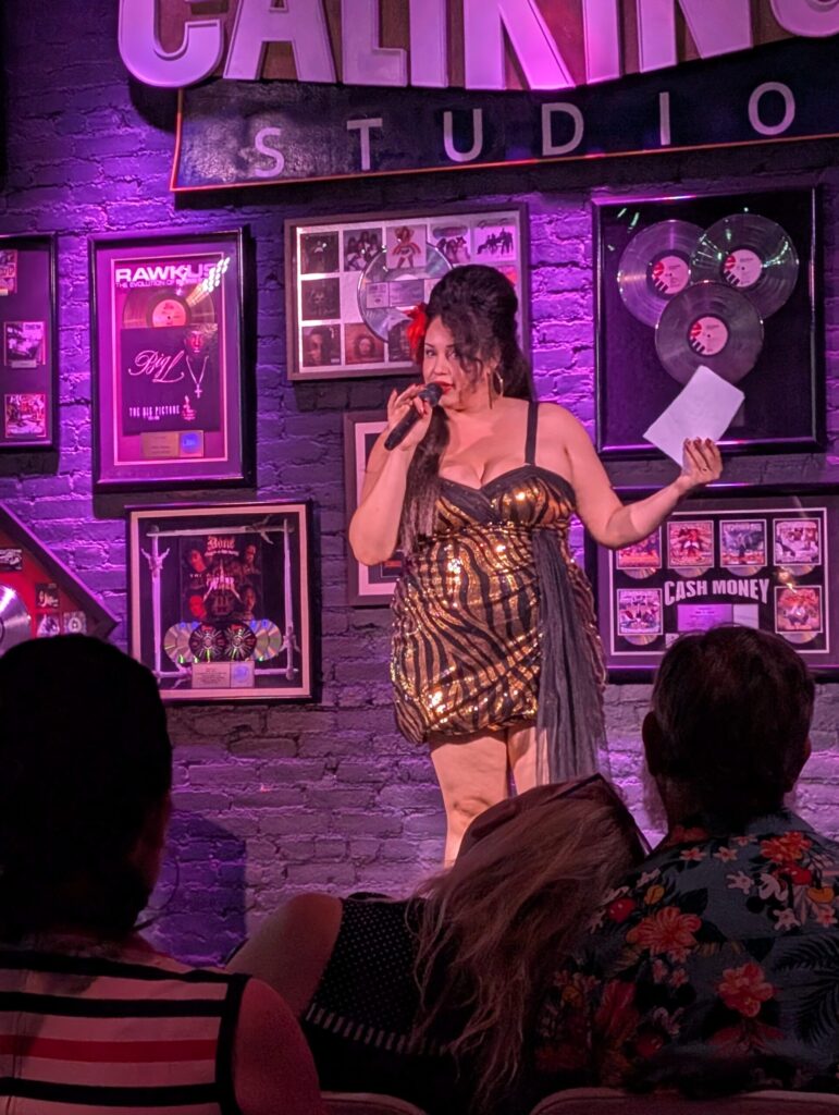 Coco Lamarr as the emcee for the June-Tease Burlesque show.Photo by Gwen Ruby for the Herbal Elegance Revue.