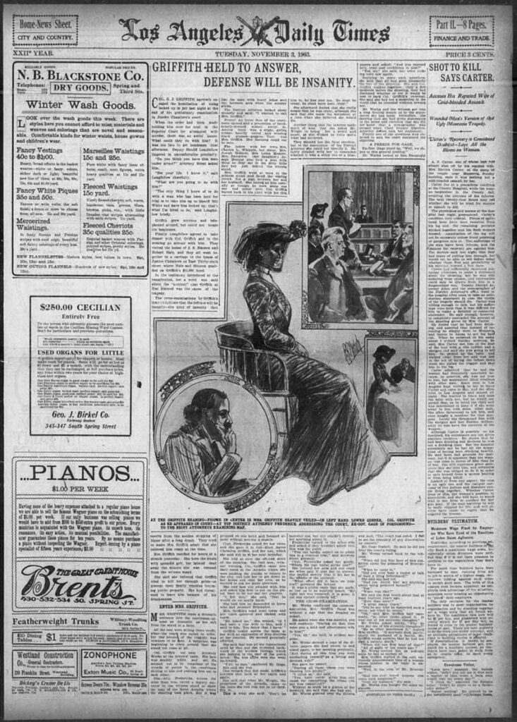 Mary Agnes Christina Mesmer Griffith Headline from the Los Angeles Daily Times during the trial of Griffith J. Griffith in November 1903