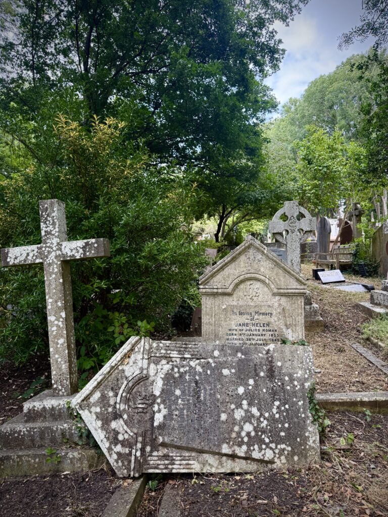 Magnificent Seven Cemeteries toppled and stacked gravestones as featured in the Highgate Cemetery photgraphed by Kristin Wojkowski for Hollywoodland News