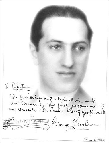 George Gershwin publicity portrait, inscribed by the composer, "To Dimitri, In friendship and admiration and remembrance of the first performance of my Concerto in Paris. Every good wish, George Gershwin, June 3, 1928.