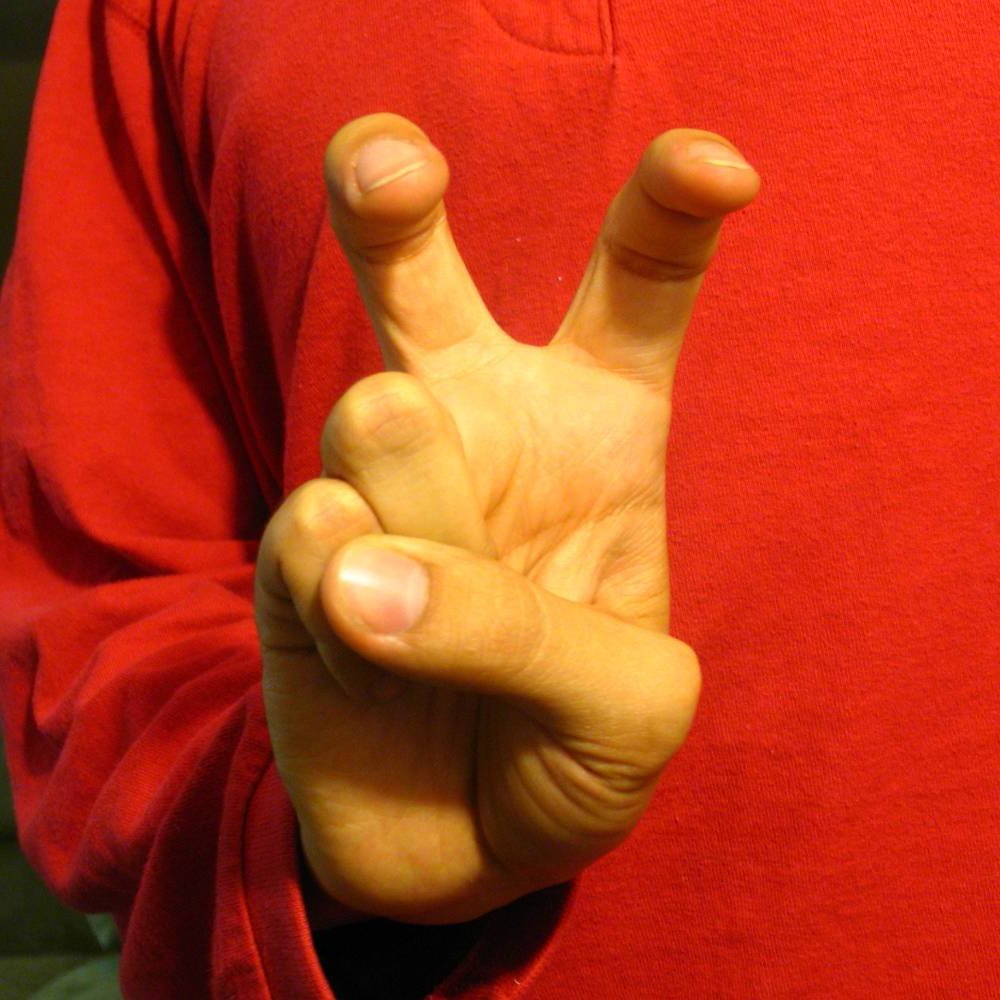The bent-v handshape used in the sign STOP TRIPPING Mario Carneiro (Di gama) - Own work
This image is one of a set of images depicting the different handshapes used in Black American Sign Language. For information on this image and the others, see the desciption page there.