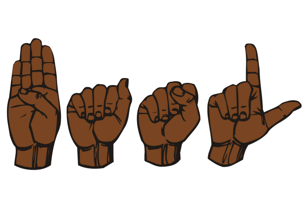 English: Fingerspelling of BASL for Black American Sign Language, a dialect of ASL. It is a combination of Sign language B.svg, Sign language A.svg, Sign language S.svg, and Sign language L.svg
Date 19 August 2015
Source Own work
Author Wugapodes
